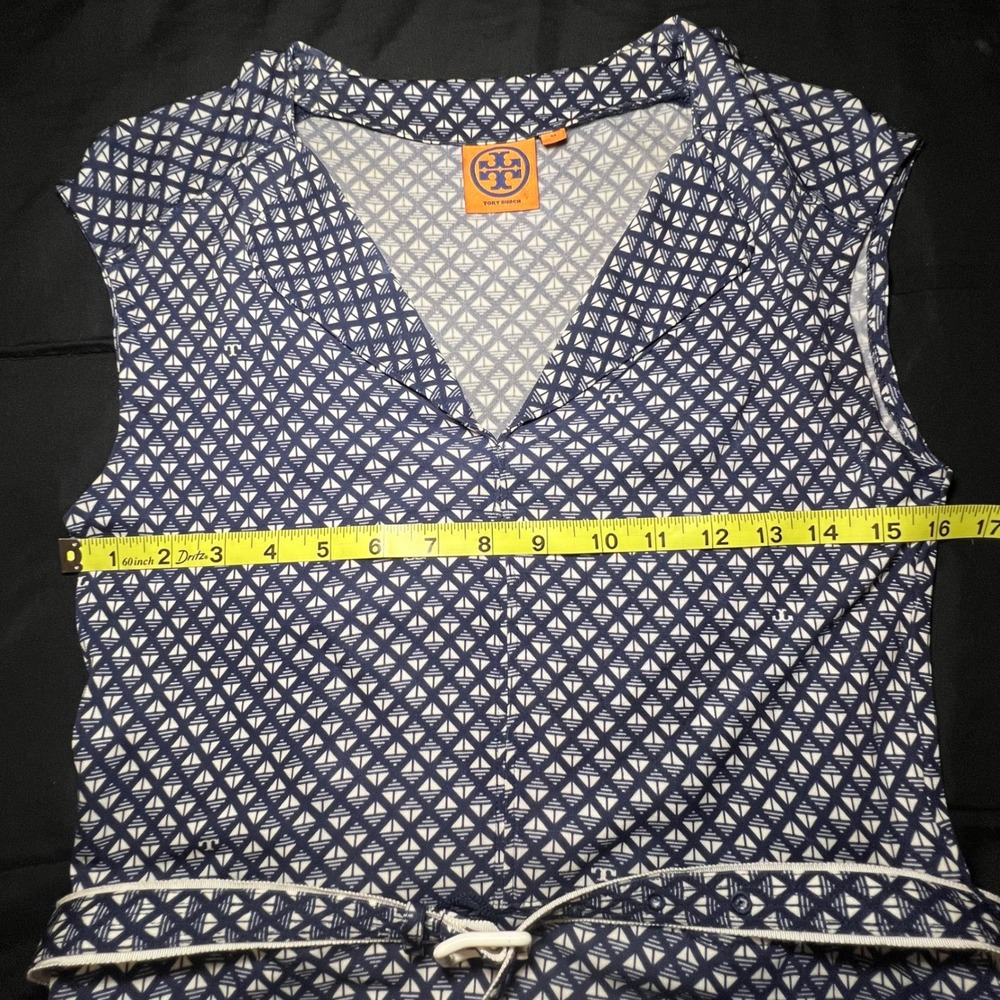 Tory Burch Navy Blue White Geometric Print V-Neck Belted Dress Womens Medium - Picture 6 of 10
